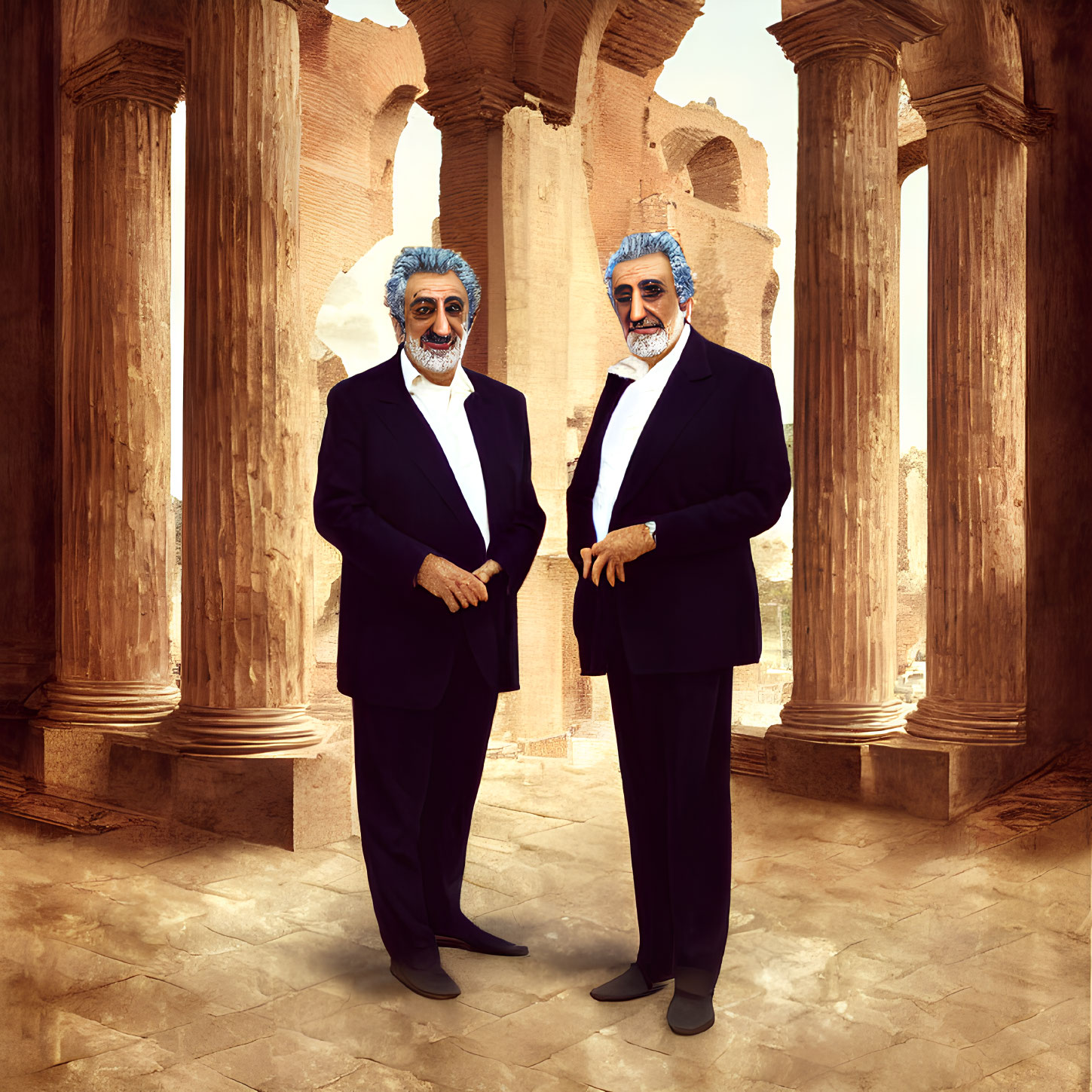 Identical figures in suits with exaggerated facial features among ancient ruins