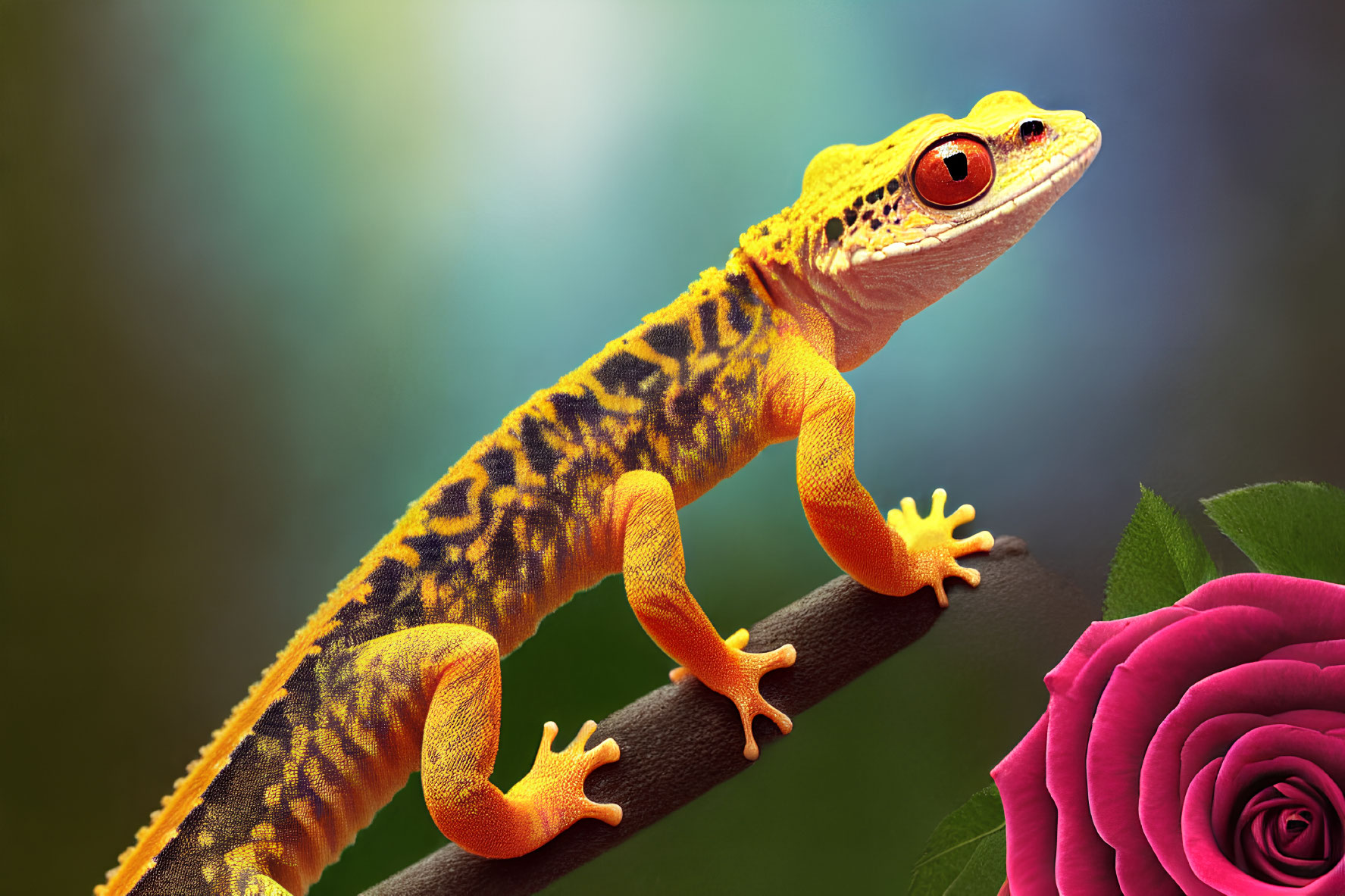 Colorful Yellow Gecko on Branch with Pink Rose and Blurred Green Background
