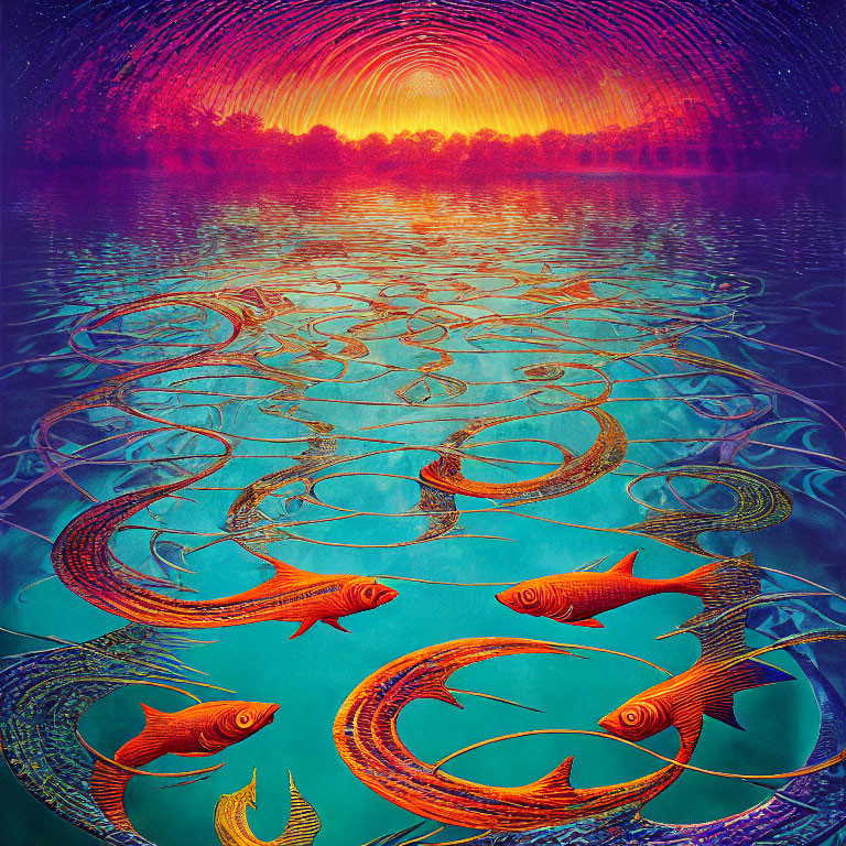 Vibrant orange koi fish in psychedelic blue water under fiery sunset