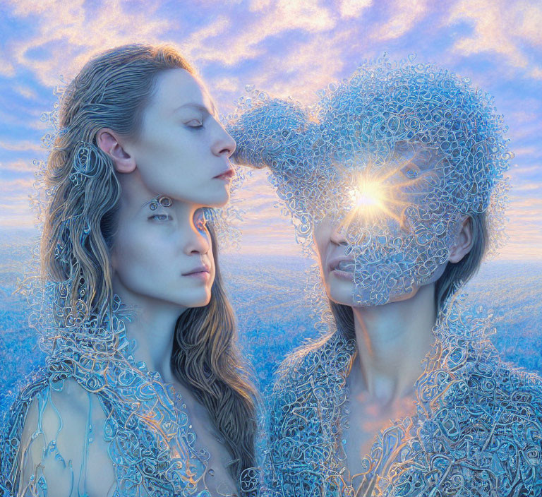 Ethereal figures with lace-like patterns touching foreheads under a blue sky