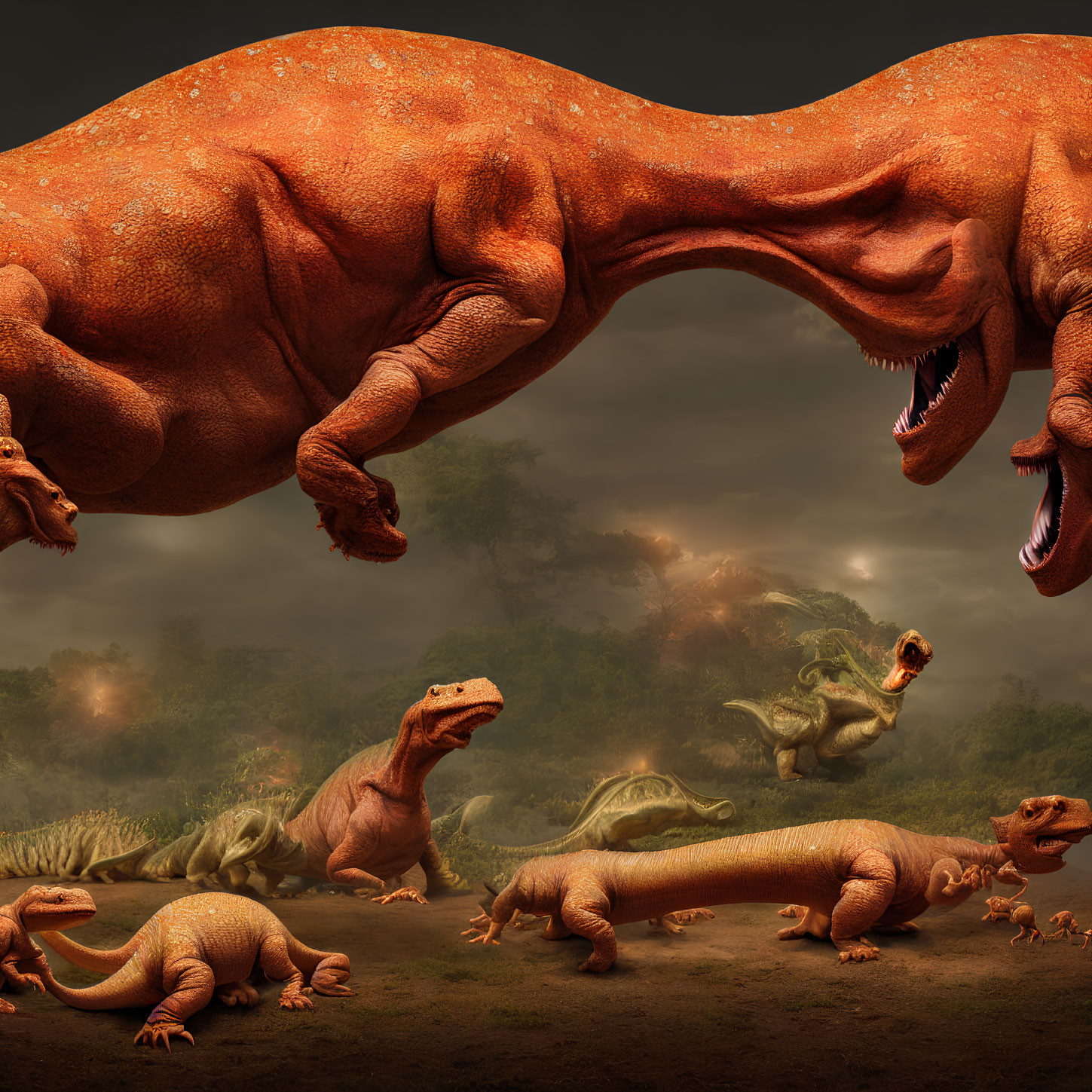 Multiple Dinosaurs in Prehistoric Forest at Dusk