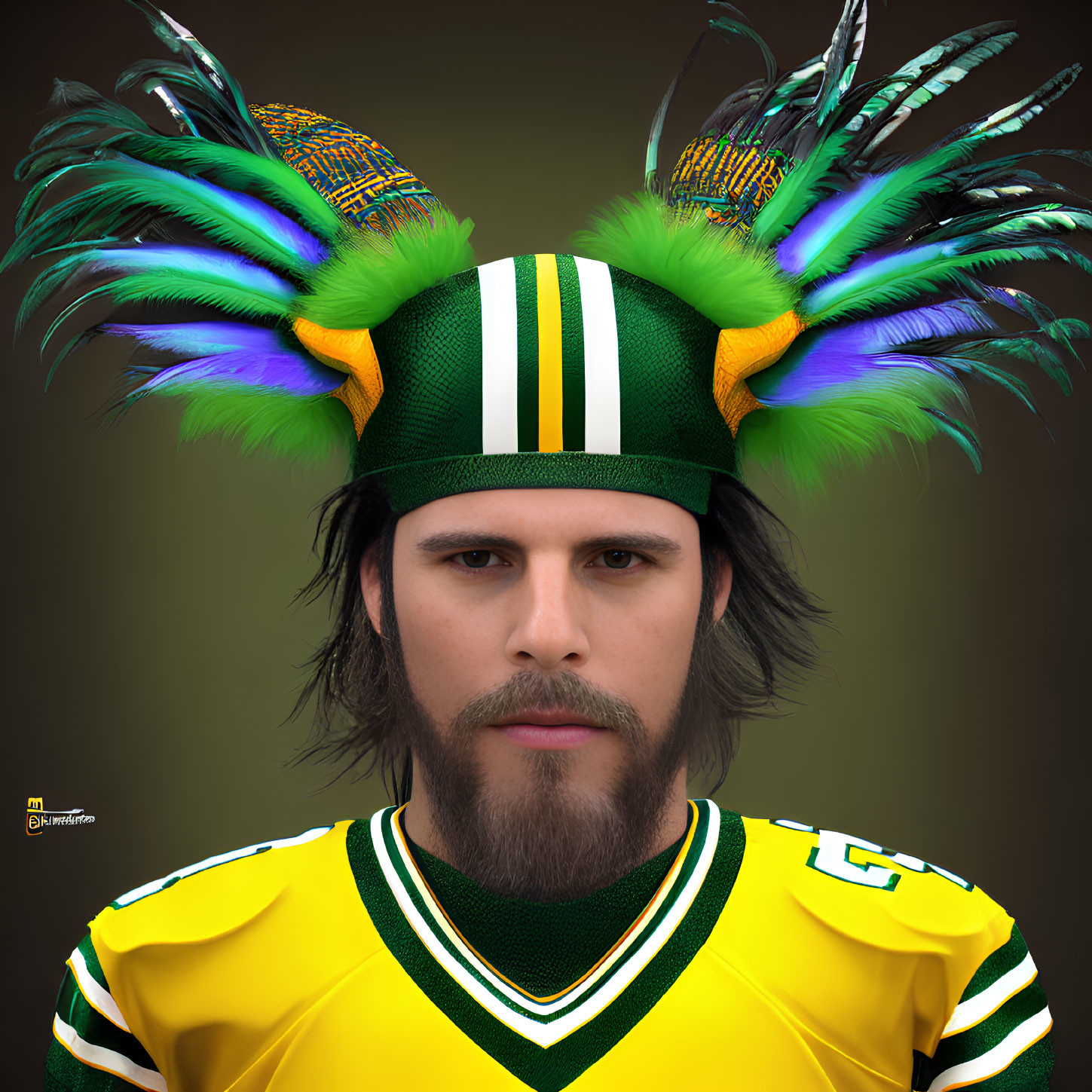 Man in Stern Expression Wearing Colorful Sports Jersey and Feathered Headpiece