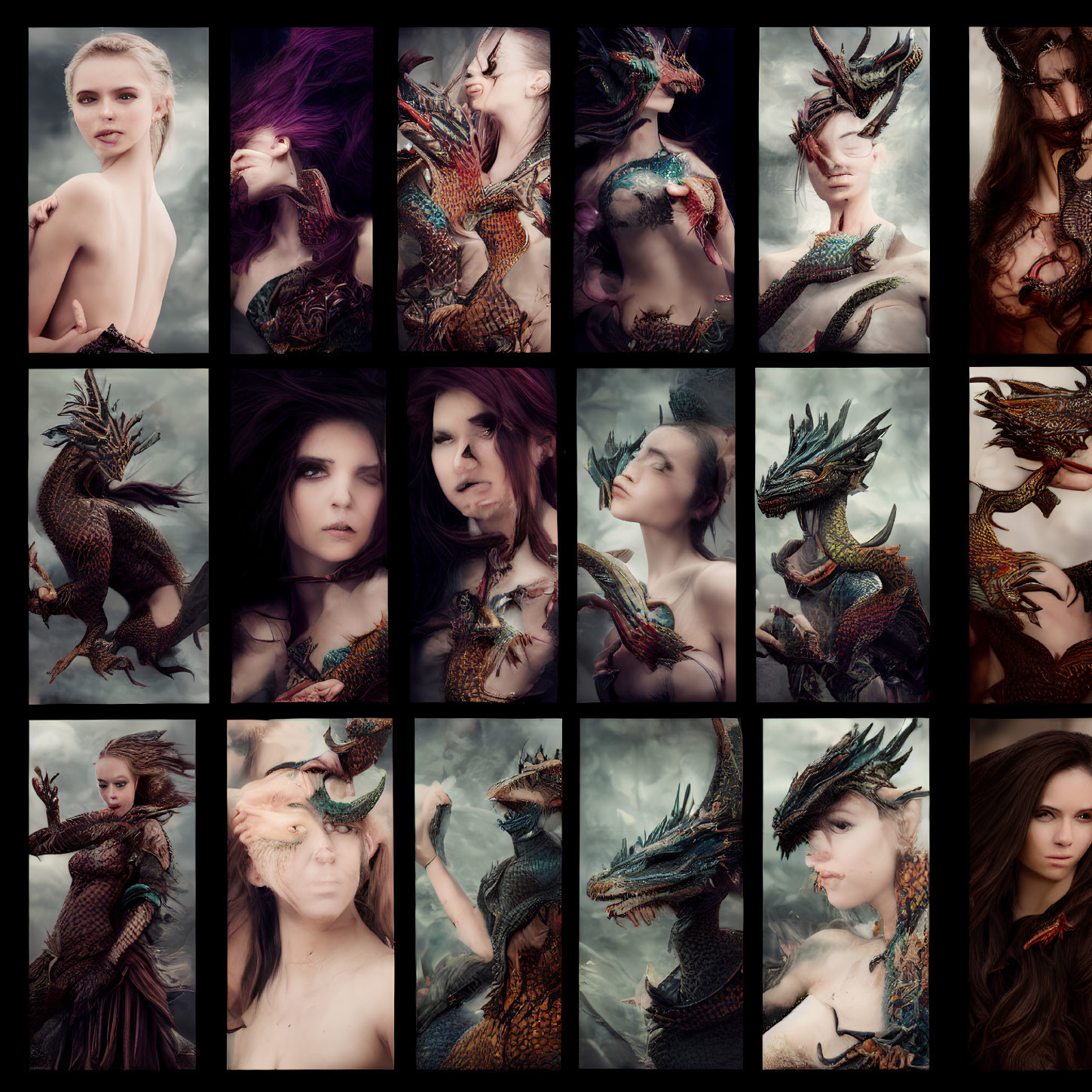 Fantasy-themed collage: Women with dragon attributes in artistic poses, muted colors, textured details