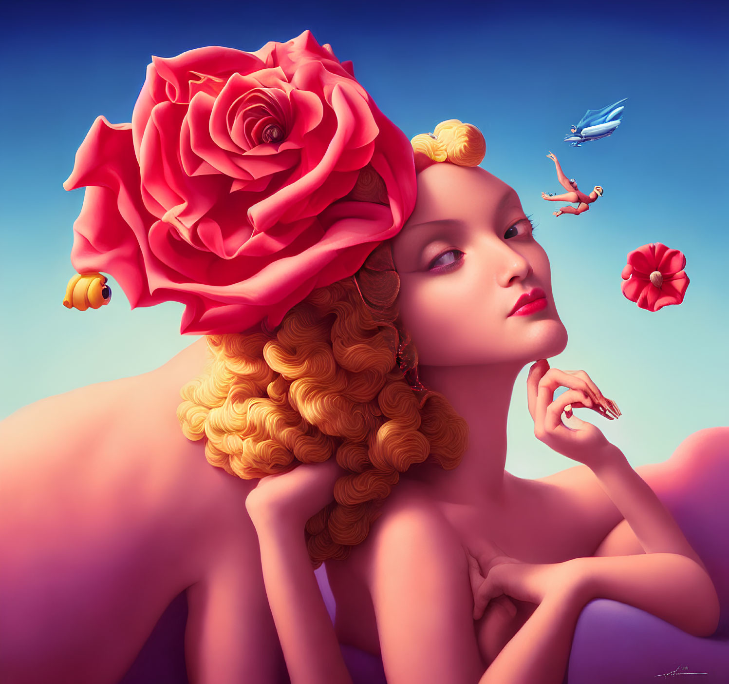 Stylized painting of woman with red rose hair and flying characters on blue gradient.