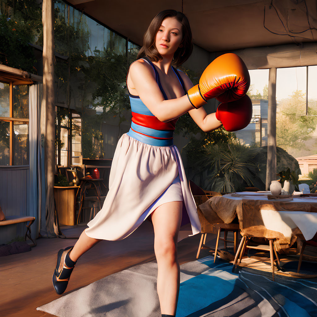 Confident woman in dress and boxing gloves in sunlit room