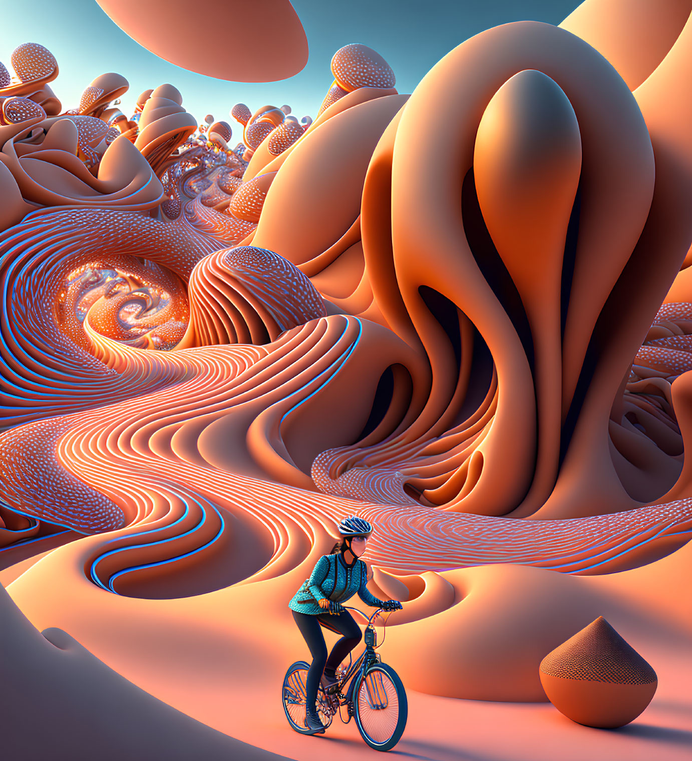 Cyclist on surreal orange landscape with swirling patterns