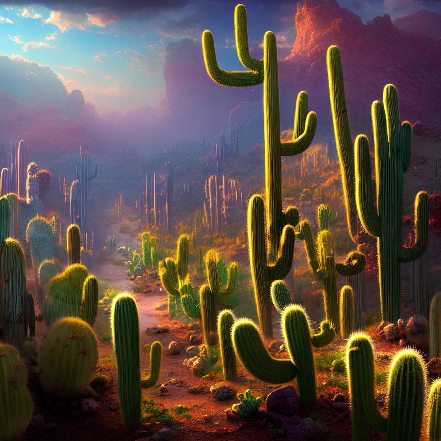Vibrant desert sunrise with tall cacti and rugged mountains in hazy golden sky