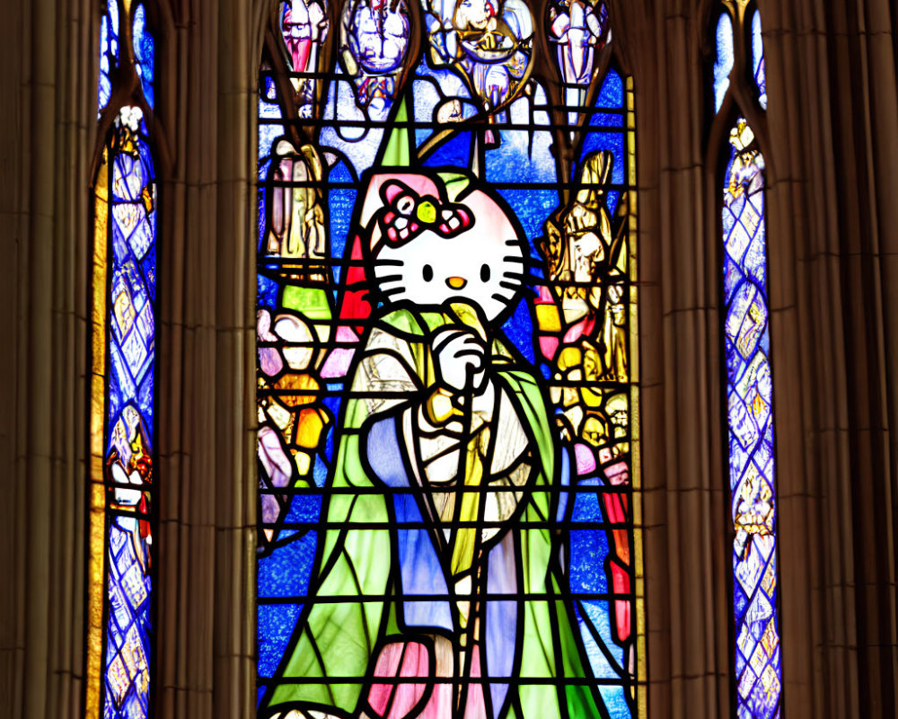 Hello Kitty Stained Glass Window with Green Robe and Staff