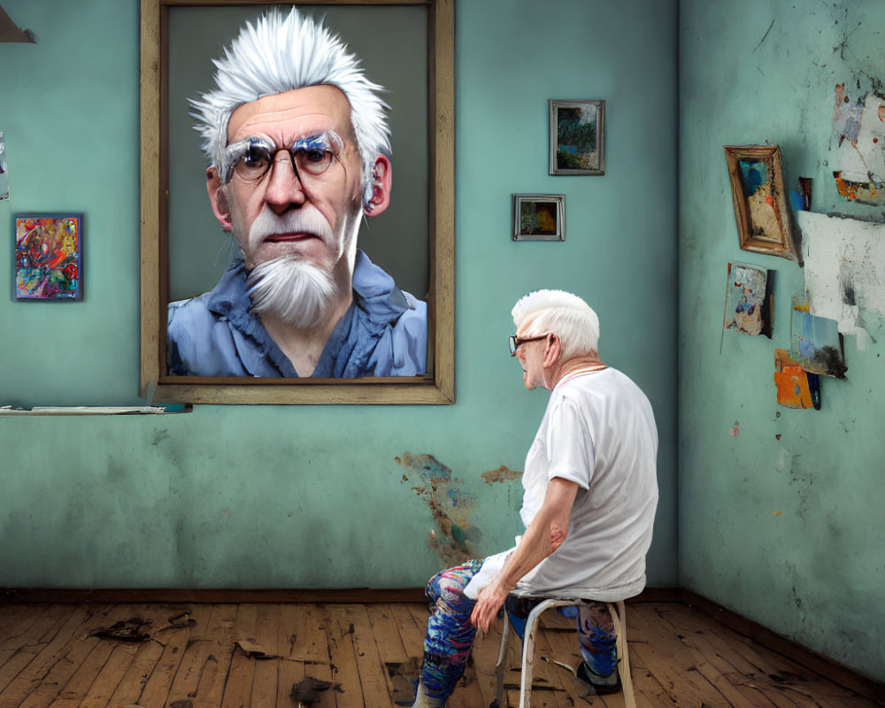 Elderly man in paint-splattered clothes admires realistic portrait on weathered wall