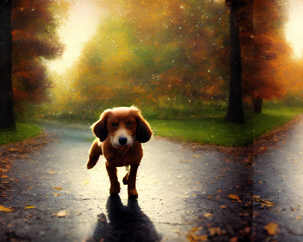 Small Brown Dog in Autumn Foliage with Blurred Figure and Warm Colors