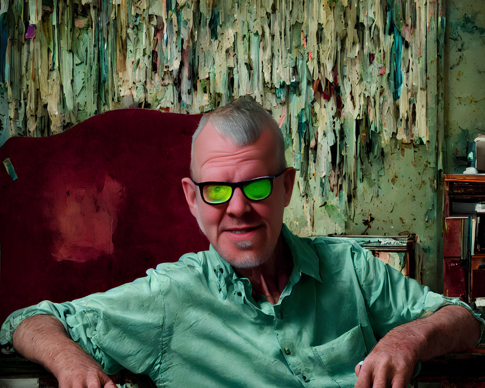 Man in Green Sunglasses Poses Against Abstract Background