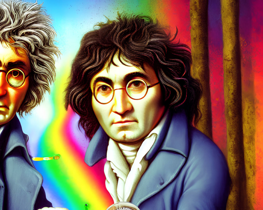 Colorful illustration of two men with exaggerated facial features against a vibrant background