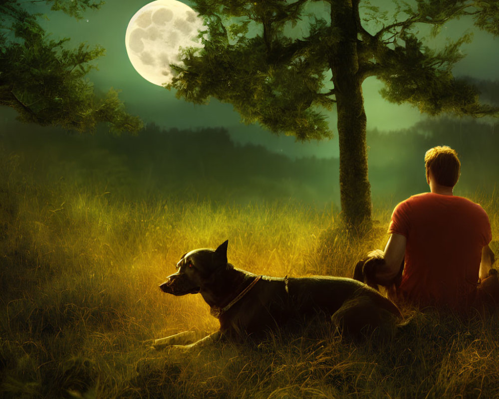 Man and dog under full moon in tranquil grassland