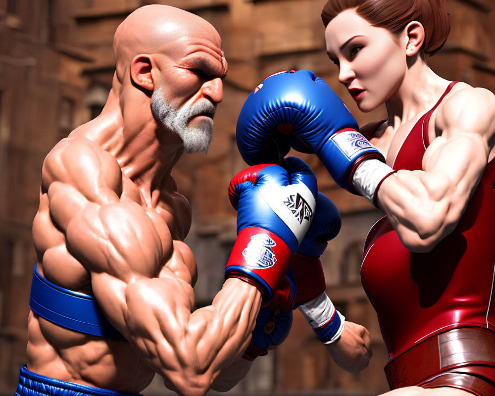 Muscular man in blue boxing gloves vs. fit woman in red gloves and outfit