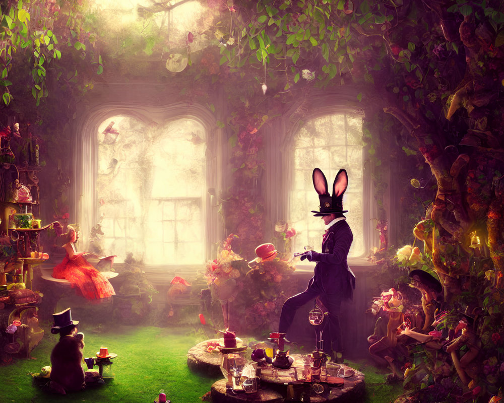 Whimsical tea party in enchanted room with anthropomorphic animals