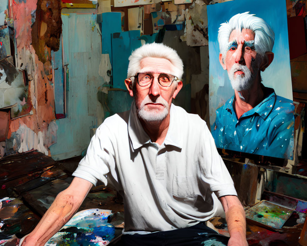 Elder artist in studio with colorful paintings and palette