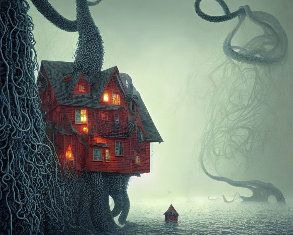 Illustration of red house with octopus tentacles, foggy ambiance, and boat on water
