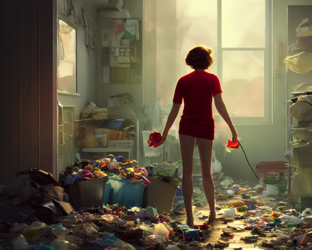 Woman in cluttered room holding red flower near bright window