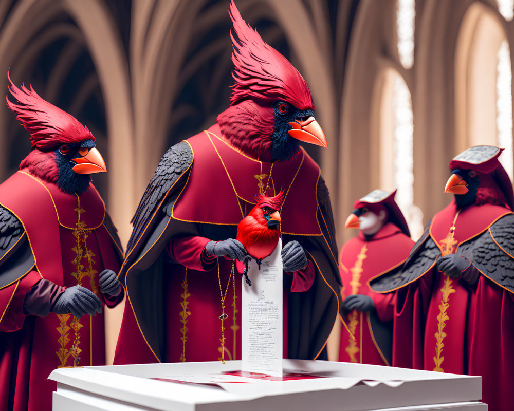 Red-robed anthropomorphic cardinals with document in cathedral-like setting