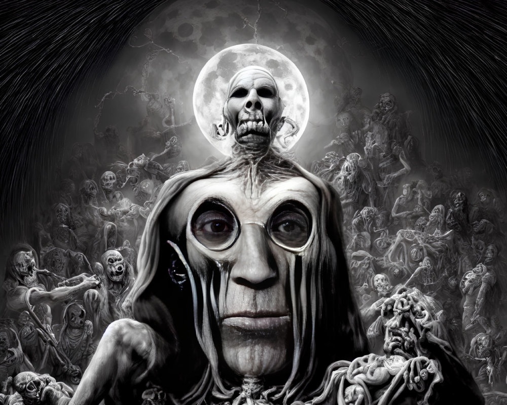 Monochromatic fantasy art: figure with skull, large eyes, cloak of faces, moon backdrop.
