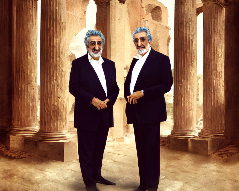 Identical figures in suits with exaggerated facial features among ancient ruins