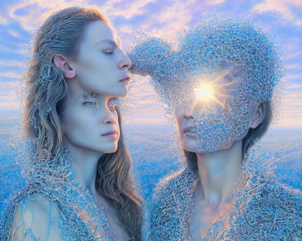Ethereal figures with lace-like patterns touching foreheads under a blue sky