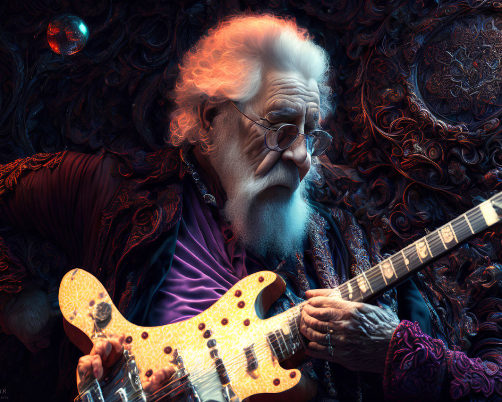 White-haired man playing guitar with orb in artistic setting