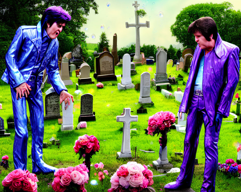 Vibrant purple suits in colorful cemetery with flowers and gravestones