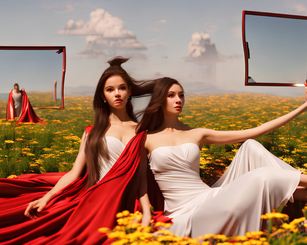 Two women in red and white dresses with mirror reflection in field of yellow flowers.