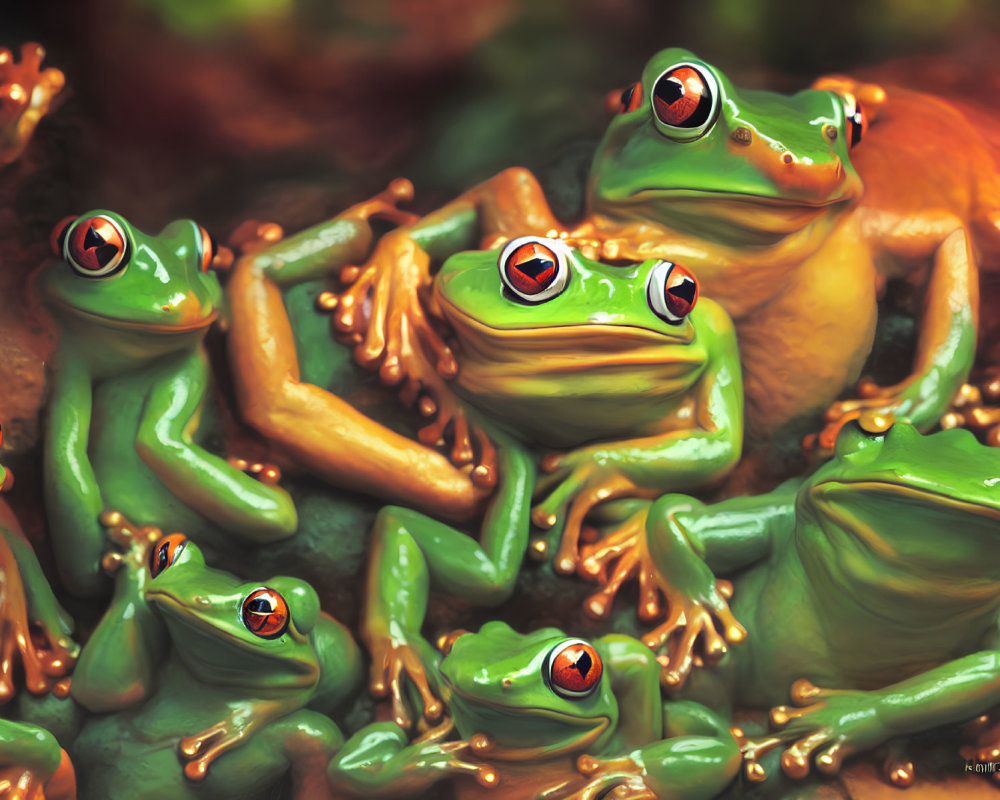 Vibrant green frogs with red eyes in close proximity