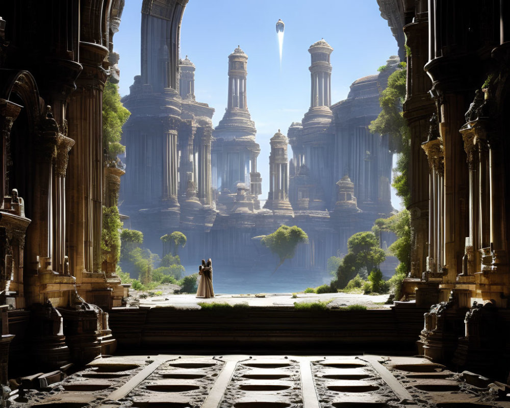 Sunlit fantasy temple with couple, pillars, archway, greenery, and airship.