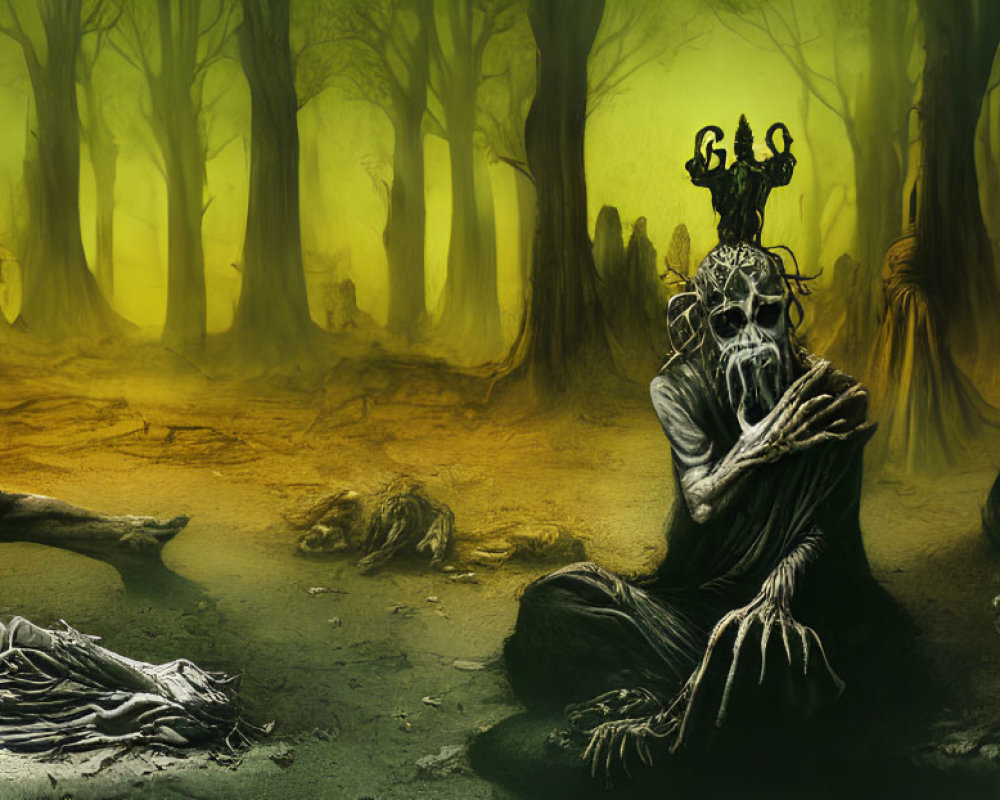 Eerie forest scene with skeletal figures and ghoulish entities