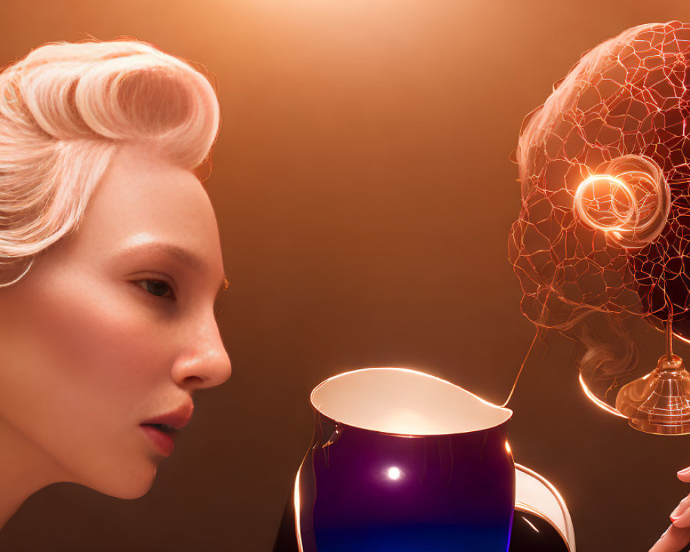 Vintage hairstyle woman gazes at glowing cracked futuristic helmet