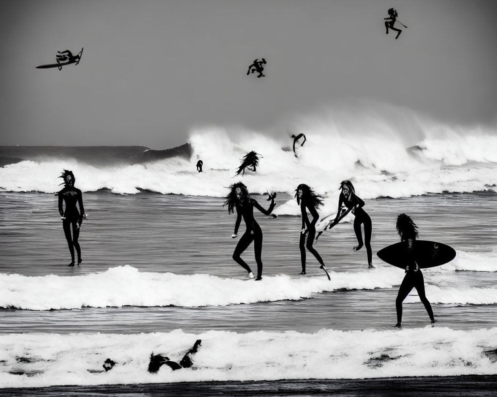 Monochrome image of surfers and seagulls at a busy beach