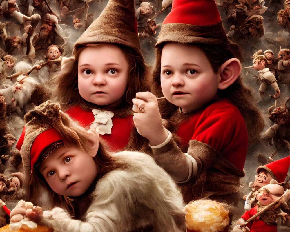 Children in whimsical gnome costumes with flying monkeys in a fairytale setting.