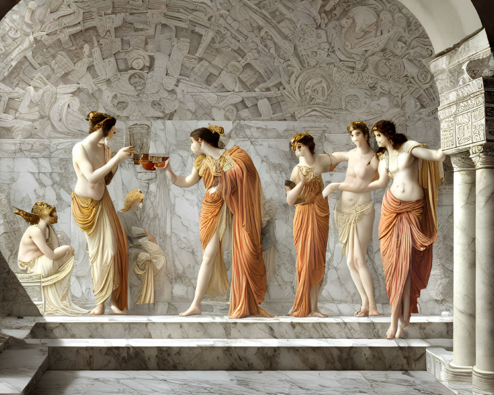 Draped figures exchanging a golden cup in ancient setting