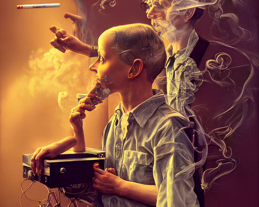 Surreal artwork: bald person with headphones, smoke patterns, older figure