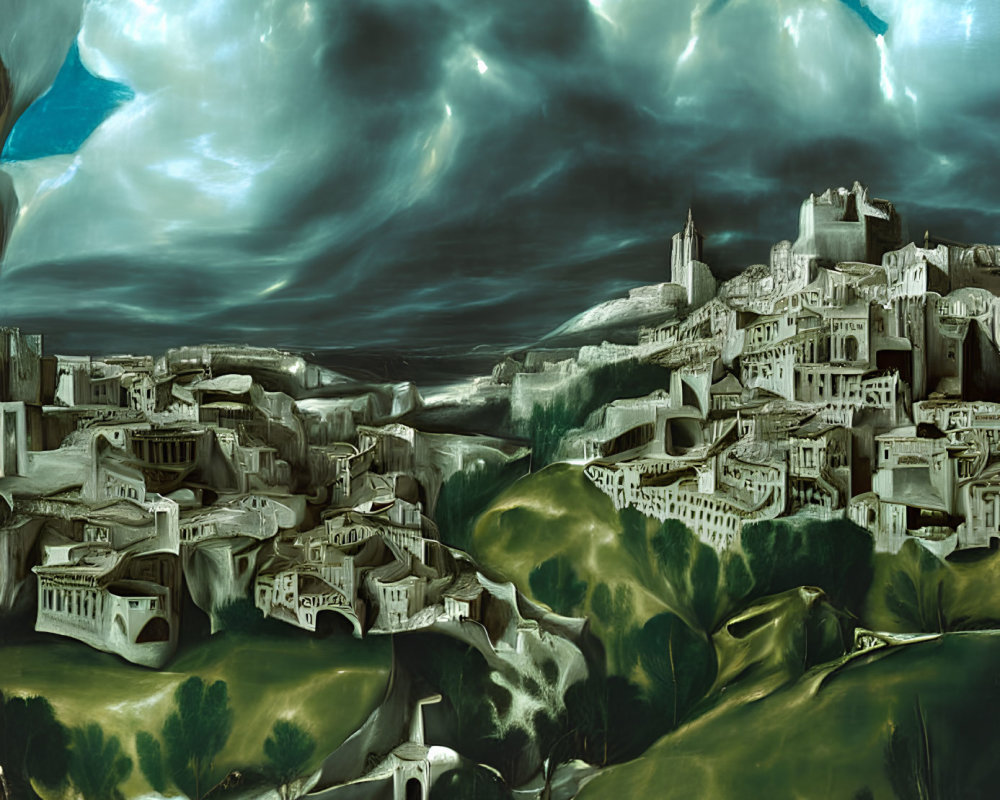 Eerie painting of ancient hilltop town under dramatic sky