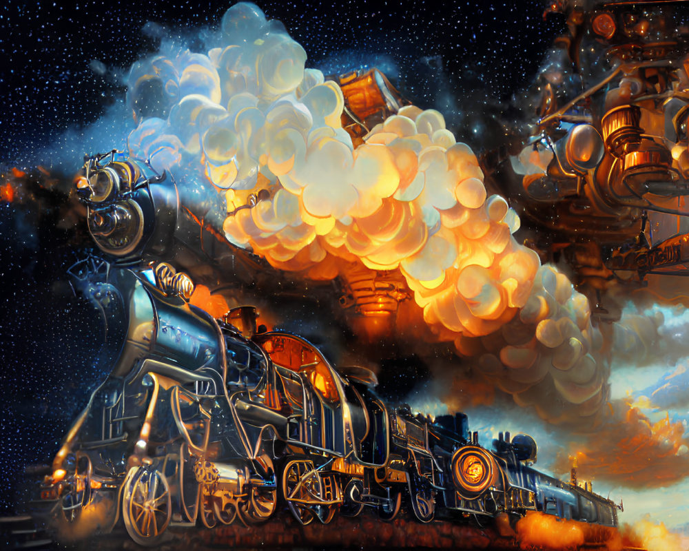 Fantastical steam engine train in cosmic space landscape