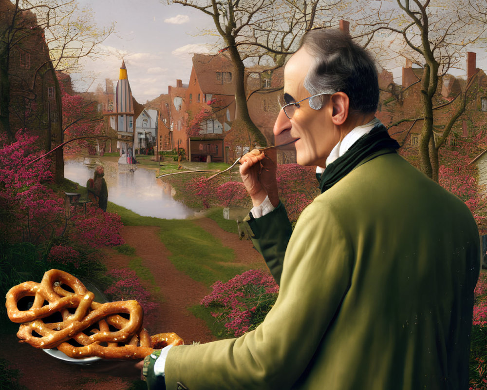 Whimsical portrait of a man with giant pretzel in idyllic village