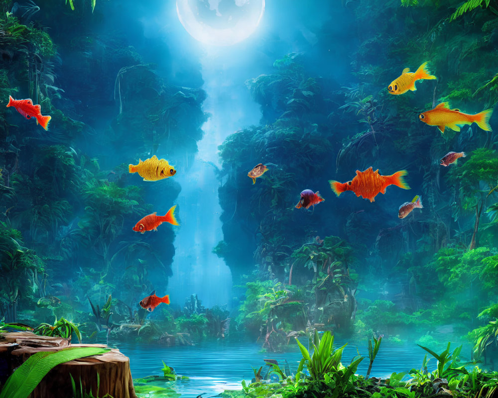 Mystical blue-green jungle with glowing moon, orange fish, and tranquil river