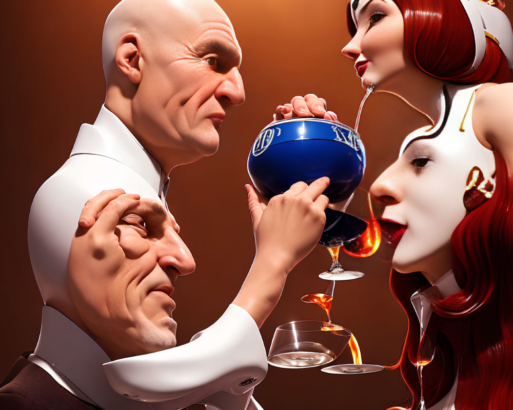 Stylized 3D artwork featuring two men and a woman with exaggerated expressions.