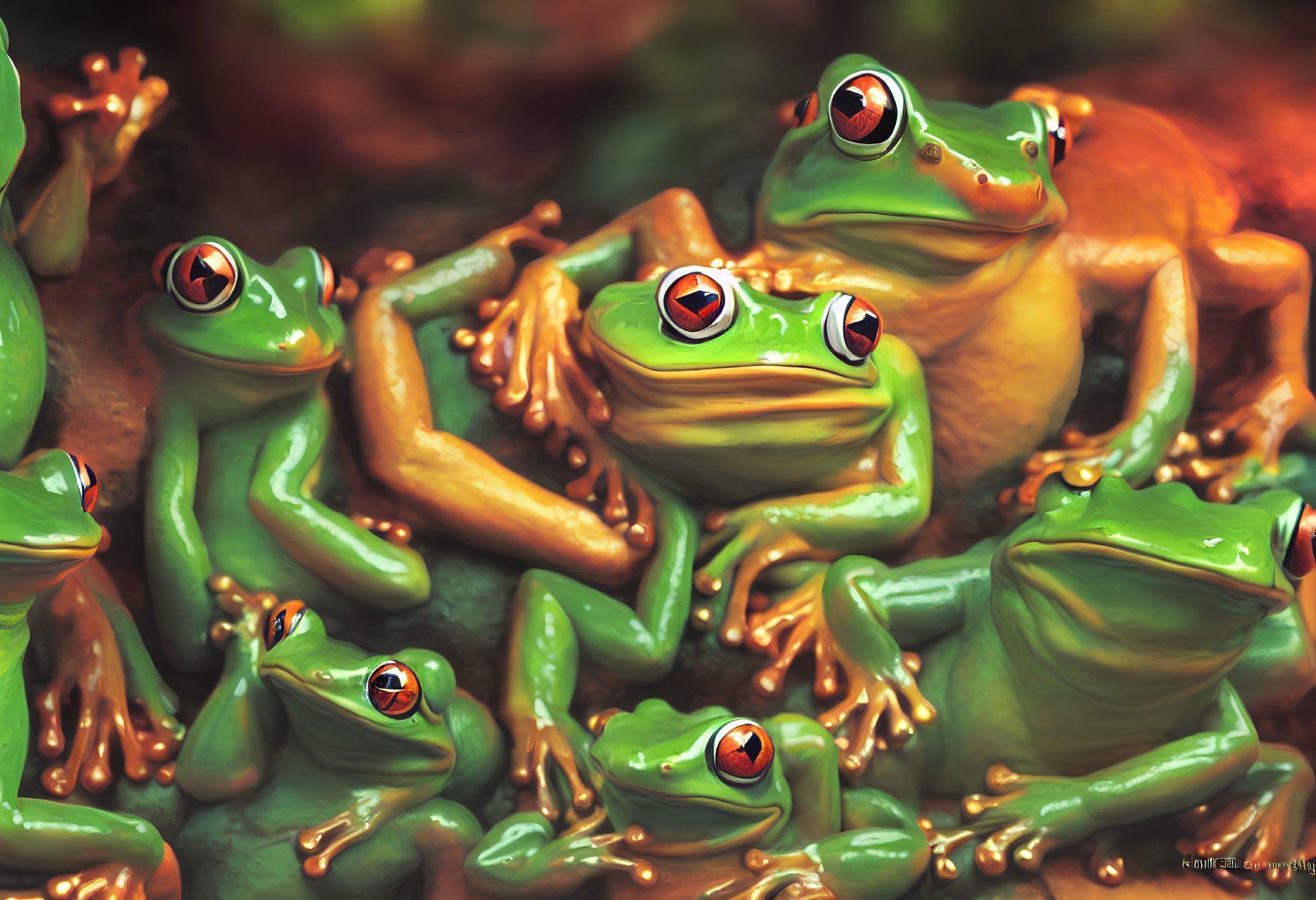 Vibrant green frogs with red eyes in close proximity