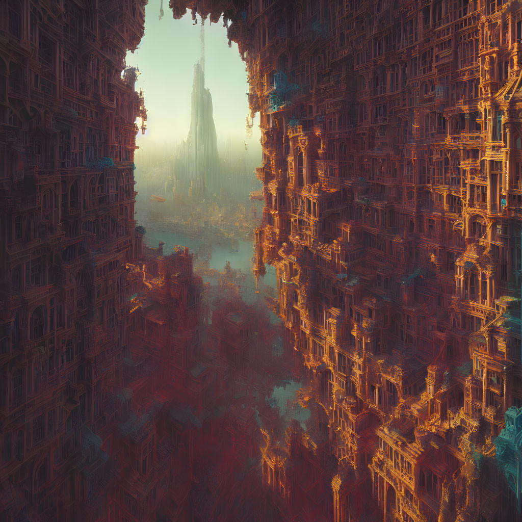 Intricate, towering cityscape with warm sunlight and deep shadows