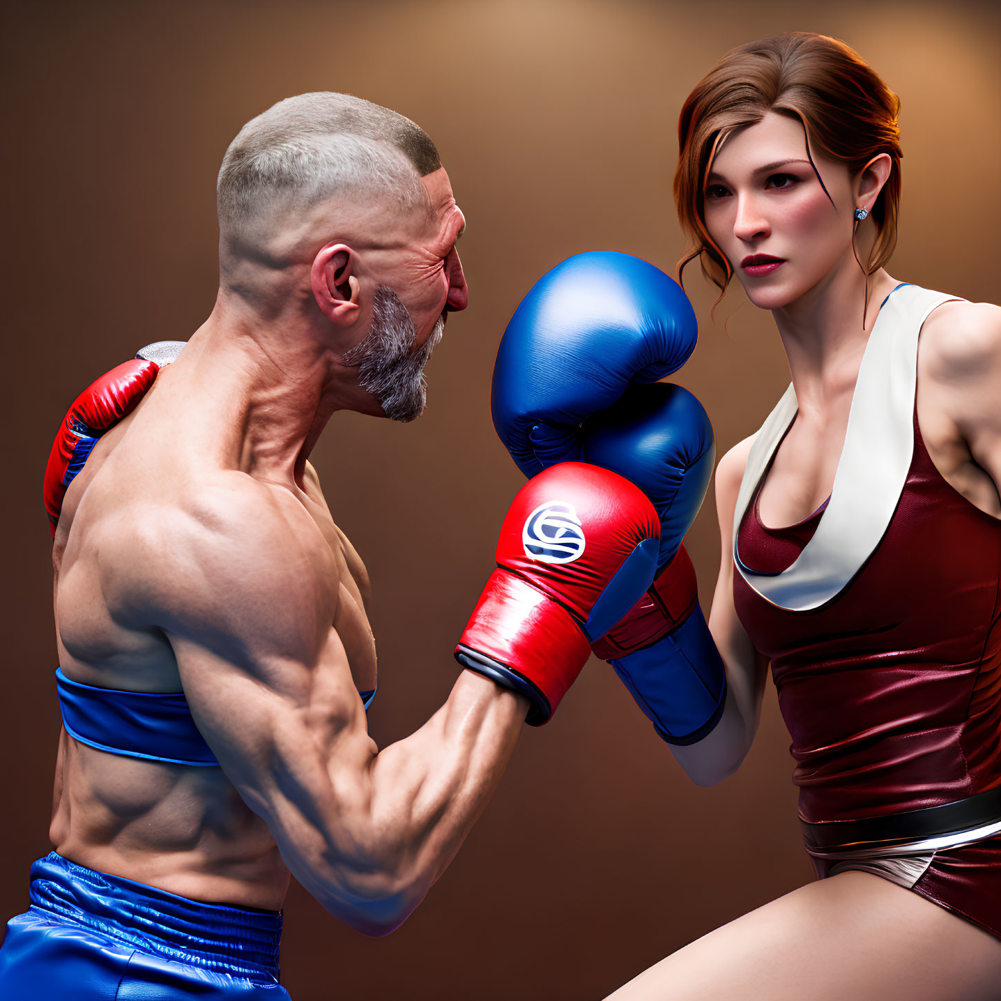 Digital artwork: Muscular older man and fit young woman in boxing stance with gloves.