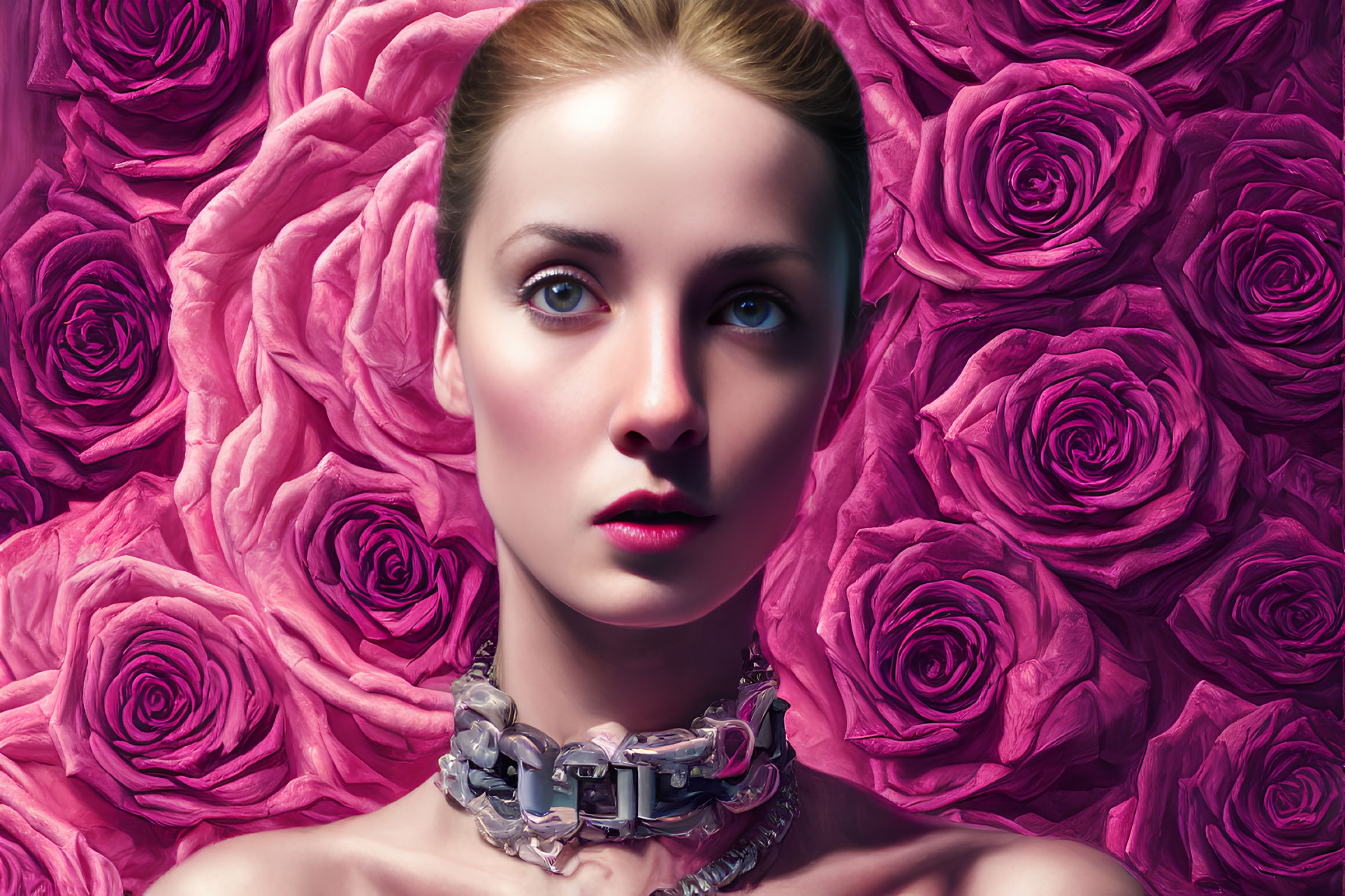 Fair-skinned woman with striking eyes surrounded by vibrant pink roses and wearing a futuristic silver choker