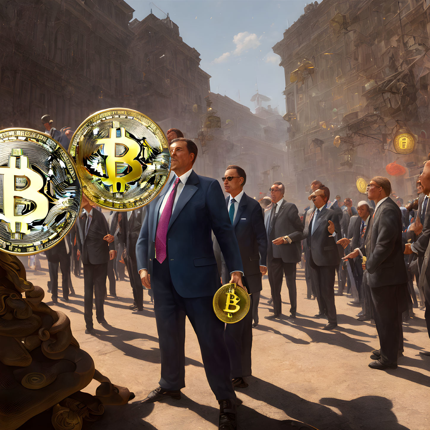 Businessmen in Suits with Bitcoin Symbols in City Square