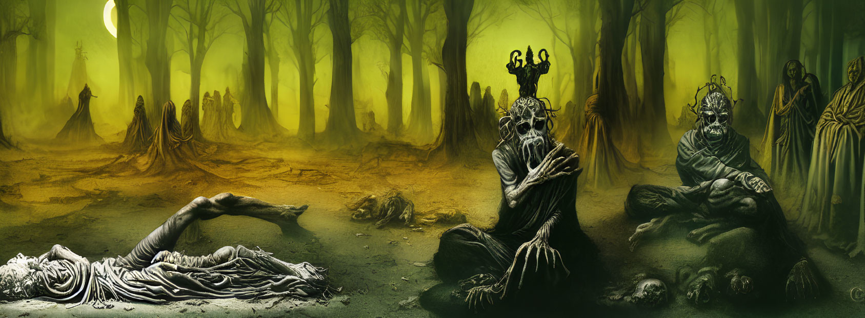 Eerie forest scene with skeletal figures and ghoulish entities