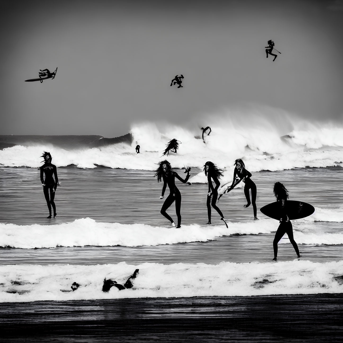 Monochrome image of surfers and seagulls at a busy beach