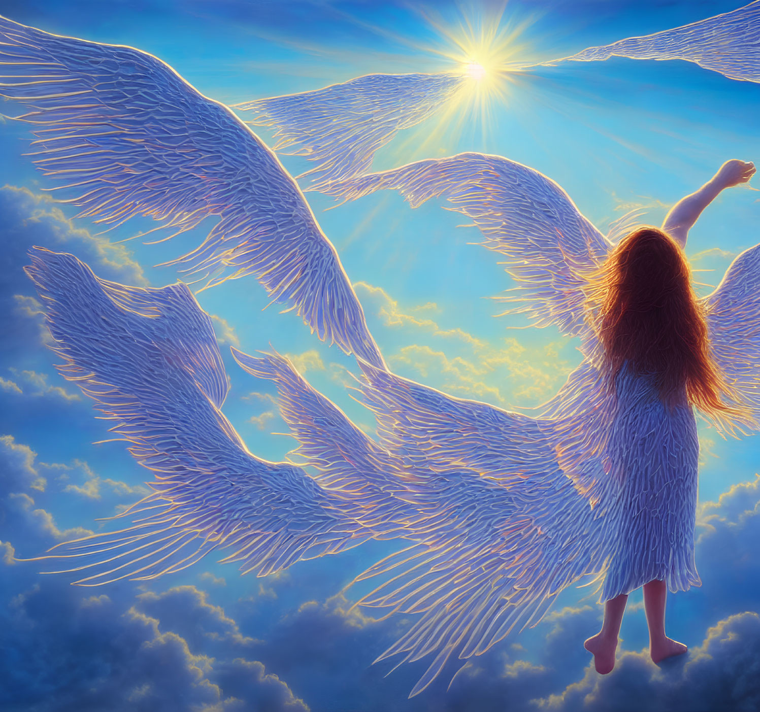 Fantasy image of a woman with large ethereal wings under a bright sun